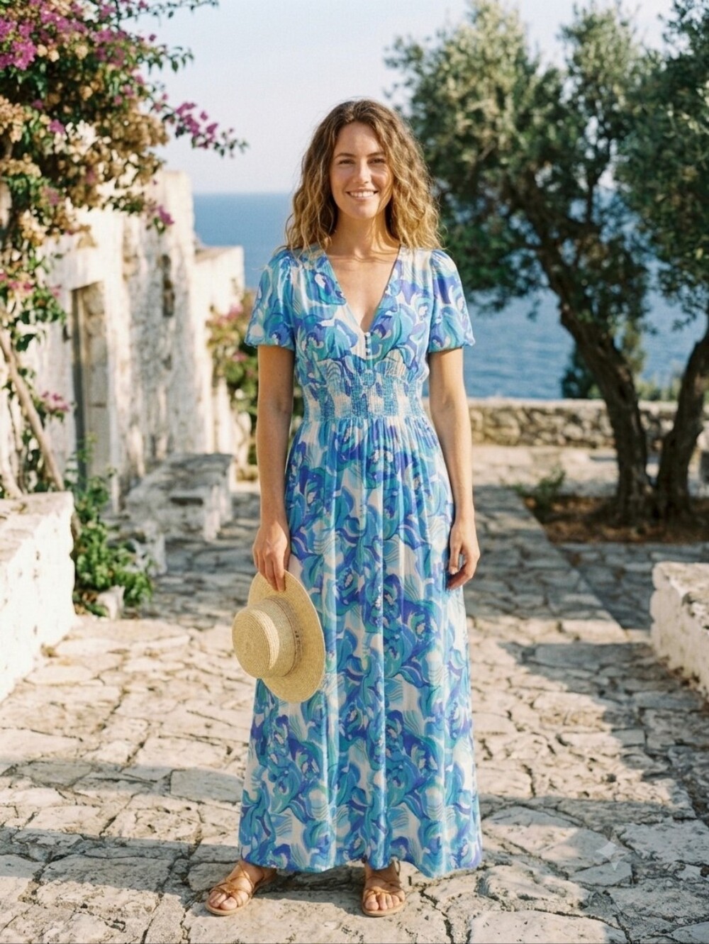 Blue Green Leaf And Floral Maxi Dress with Smocked Waist - Women's Casual Summer